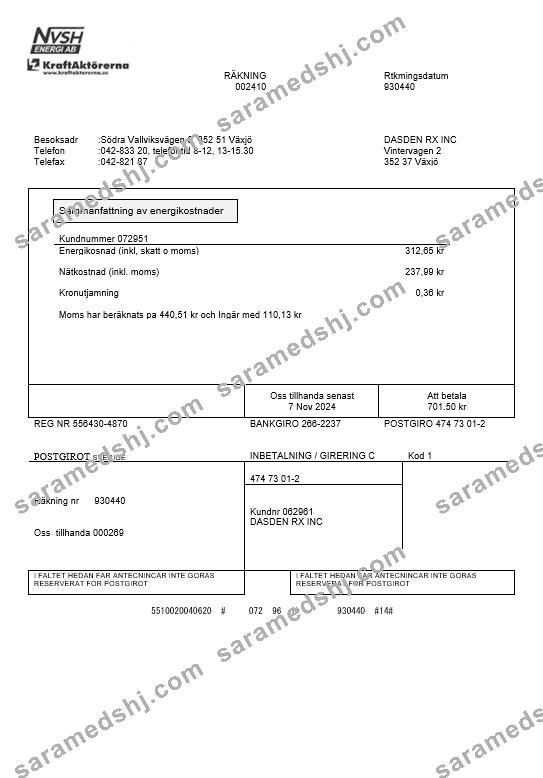 Sweden NVSH Energi business utility bill template in Word and PDF formats